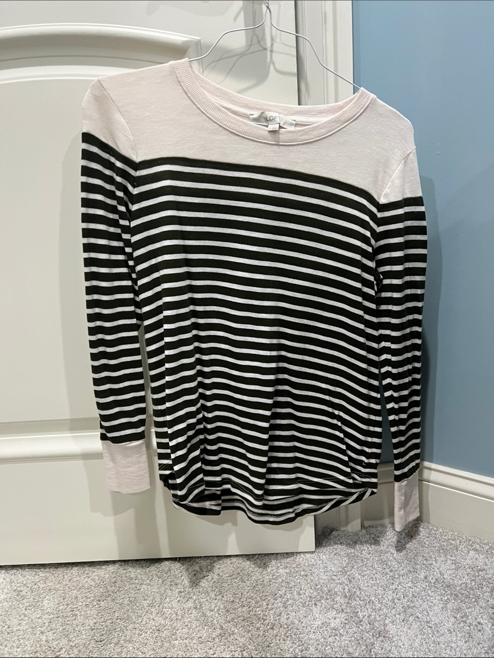 Loft Striped Long-Sleeve Crewneck Top - Green and Pink